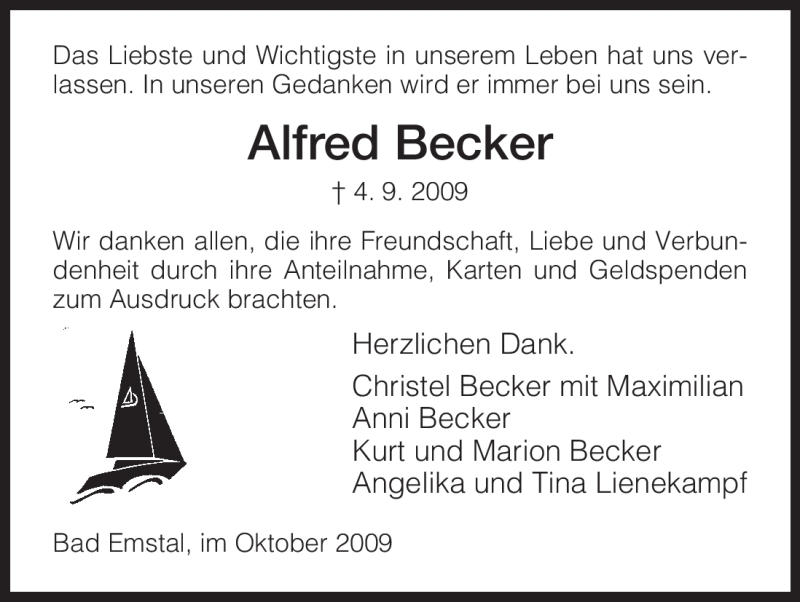  Traueranzeige für Alfred Becker vom 10.10.2009 aus HNA
