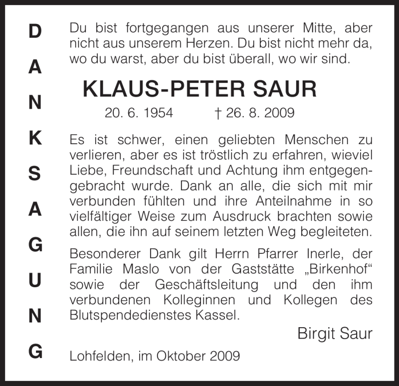  Traueranzeige für Klaus-Peter Saur vom 03.10.2009 aus HNA