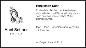 Traueranzeige von Anni Seither von HNA
