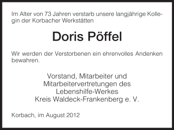 Traueranzeige von Doris Pöffel von HNA