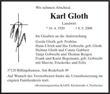 Traueranzeige von Karl Gloth von HNA
