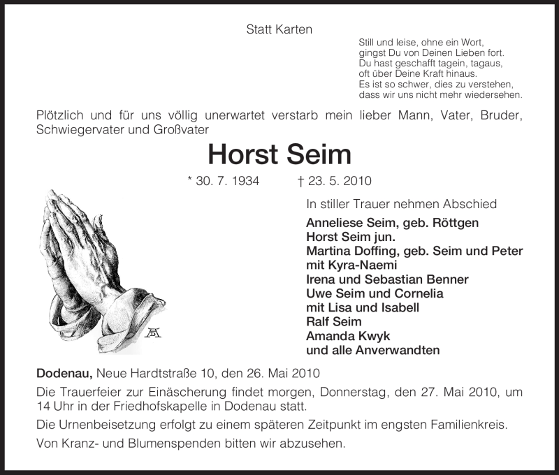  Traueranzeige für Horst Seim vom 26.05.2010 aus HNA