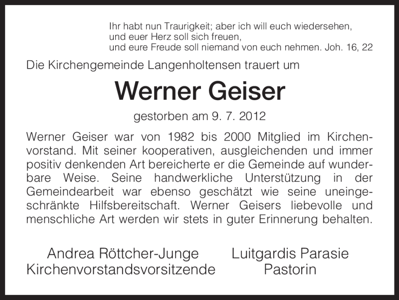  Traueranzeige für Werner Geiser vom 12.07.2012 aus HNA