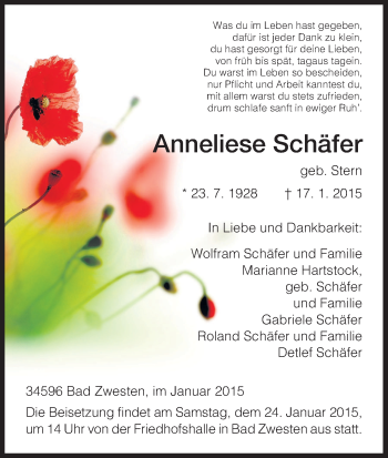Traueranzeige von Anneliese Schäfer von HNA