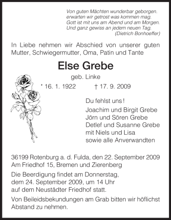 Traueranzeige von Else Grebe von HNA