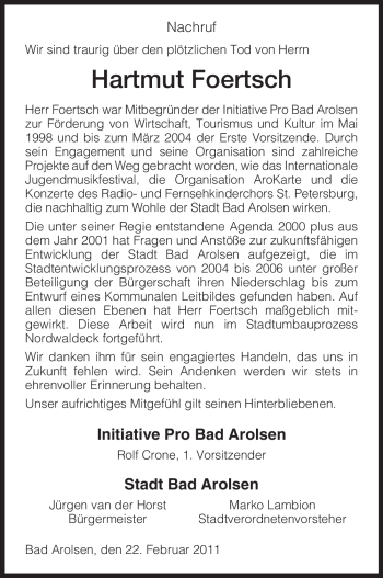 Traueranzeige von Hartmut Foertsch von HNA