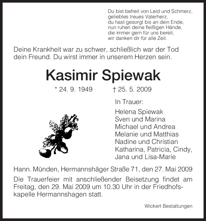  Traueranzeige für Kasimir Spiewak vom 27.05.2009 aus HNA