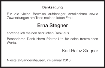 Traueranzeige von Erna Stegner von HNA