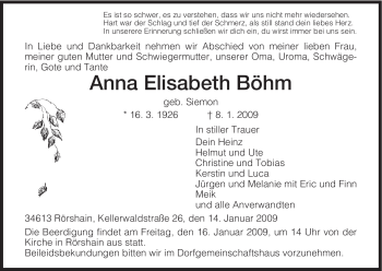 Traueranzeige von Anna Elisabeth Böhm von HNA