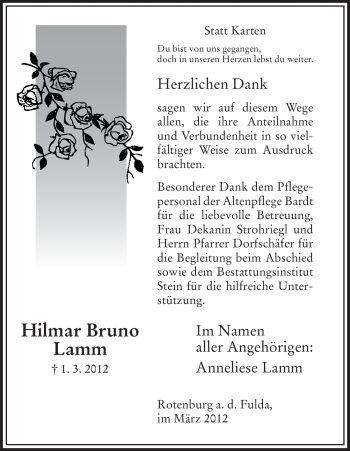 Traueranzeige von Hilmar Bruno Lamm von HNA