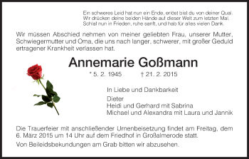 Traueranzeige von Annemarie Goßmann von HNA