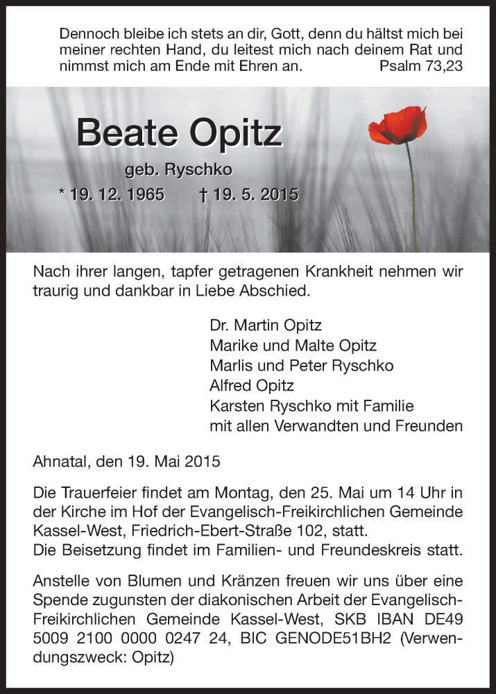  Traueranzeige für Beate Opitz vom 22.05.2015 aus HNA