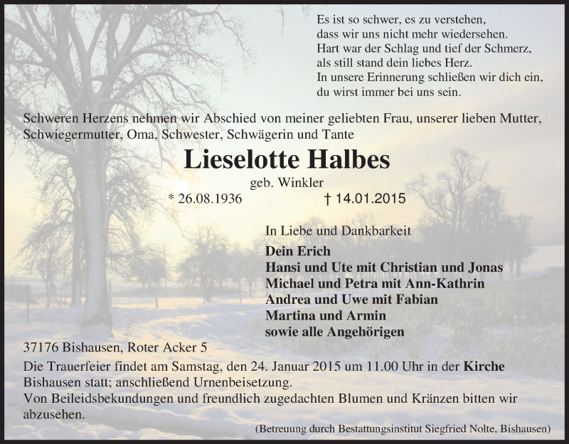 Traueranzeige für Lieselotte Halbes vom 19.01.2015 aus HNA