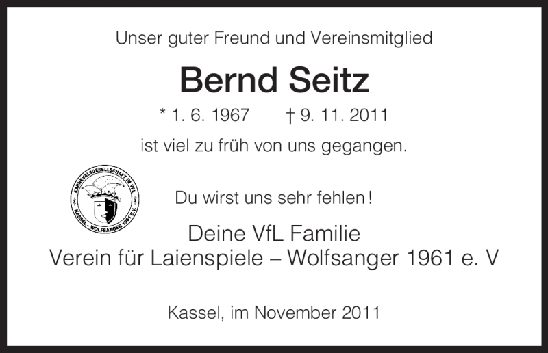  Traueranzeige für Bernd Seitz vom 14.11.2011 aus HNA