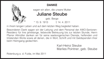 Traueranzeige von Juliane Steube von HNA