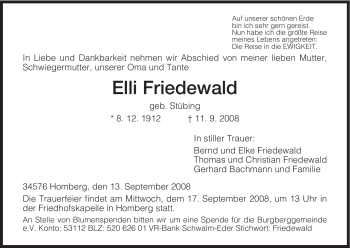 Traueranzeige von Elli Friedewald von HNA