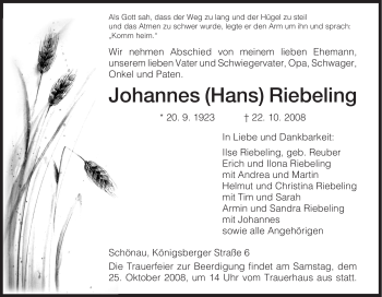 Traueranzeige von Johannes Riebeling von HNA