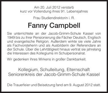 Traueranzeige von Fanny Campbell von HNA