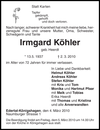 Traueranzeige von Irmgard Köhler von HNA