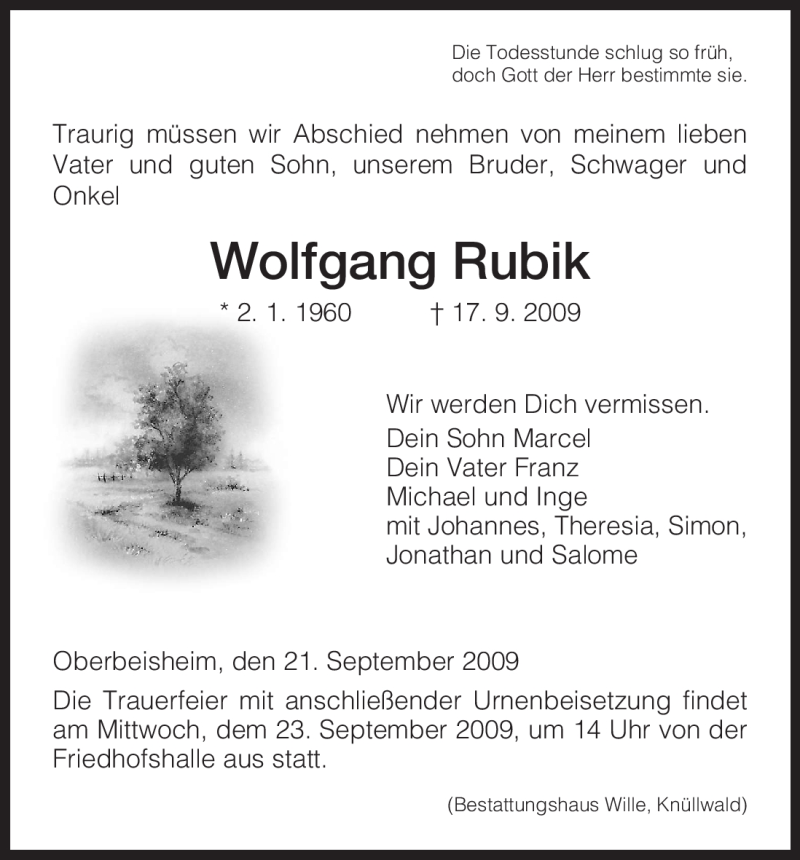  Traueranzeige für Wolfgang Rubik vom 21.09.2009 aus HNA