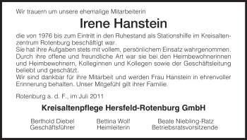 Traueranzeige von Irene Hanstein von HNA