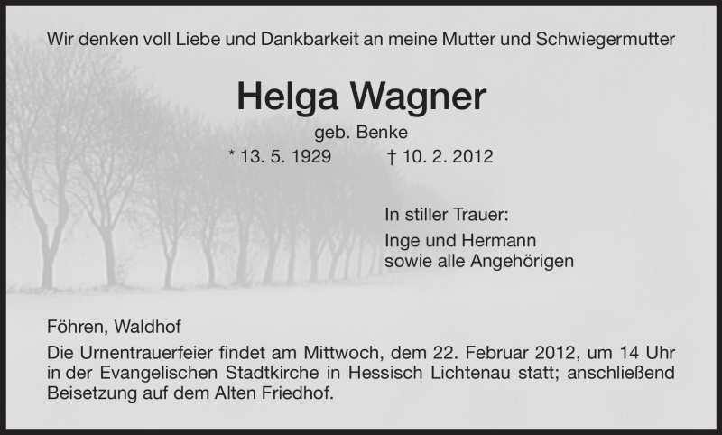 Traueranzeigen Von Helga Wagner Trauerhnade 