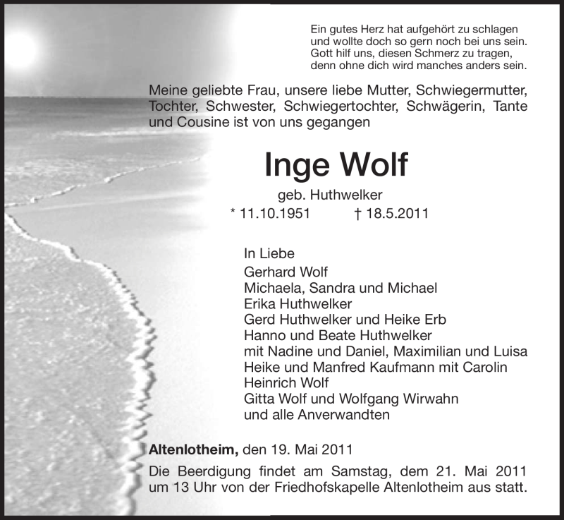  Traueranzeige für Inge Wolf vom 20.05.2011 aus HNA