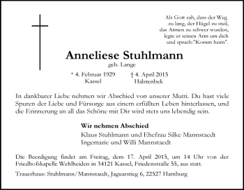Traueranzeige von Anneliese Stuhlmann von HNA