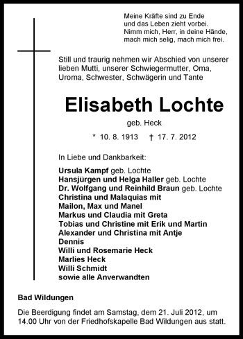 Traueranzeige von Elisabeth Lochte von HNA