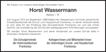 Traueranzeige von Horst Wassermann von HNA