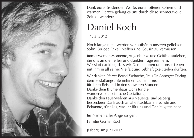  Traueranzeige für Daniel Koch vom 02.06.2012 aus HNA