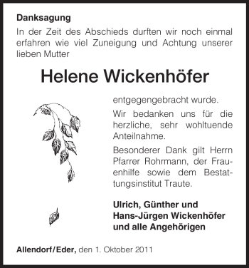 Traueranzeige von Helene Wickenhöfer von HNA