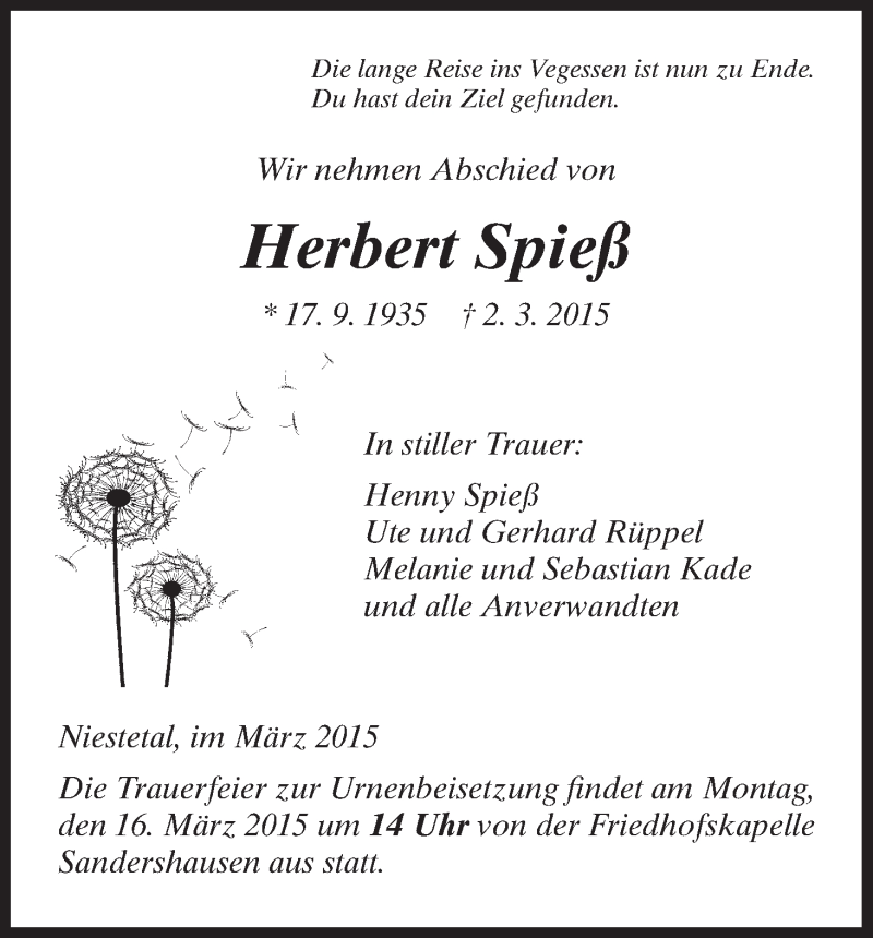  Traueranzeige für Herbert Spieß vom 13.03.2015 aus HNA