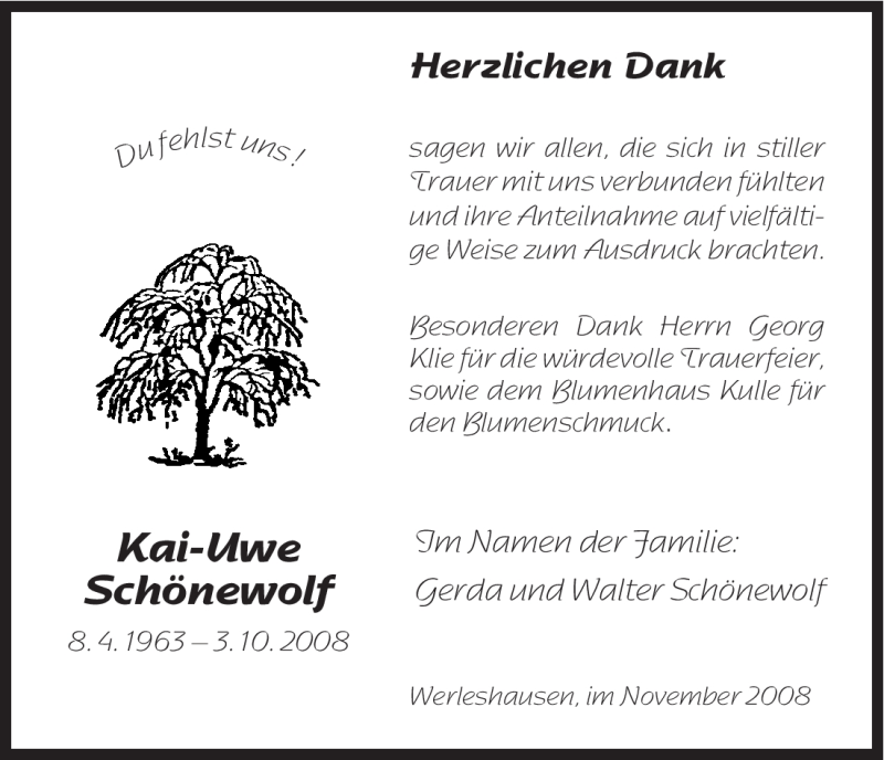  Traueranzeige für Kai-Uwe Schönewolf vom 08.11.2008 aus HNA