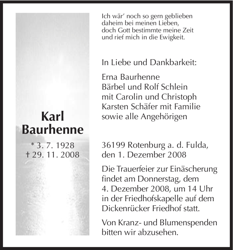  Traueranzeige für Karl Baurhenne vom 02.12.2008 aus HNA