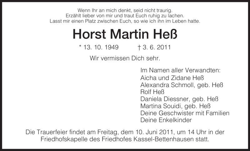  Traueranzeige für Horst Martin Heß vom 09.06.2011 aus HNA