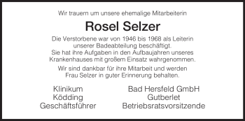 Traueranzeige von Rosel Selzer von HNA