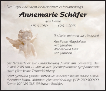 Traueranzeige von Annemarie Schäfer von HNA