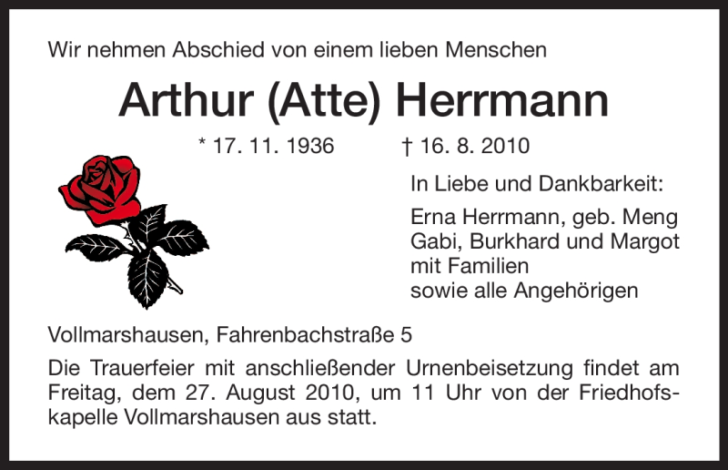  Traueranzeige für Arthur Herrmann vom 24.08.2010 aus HNA