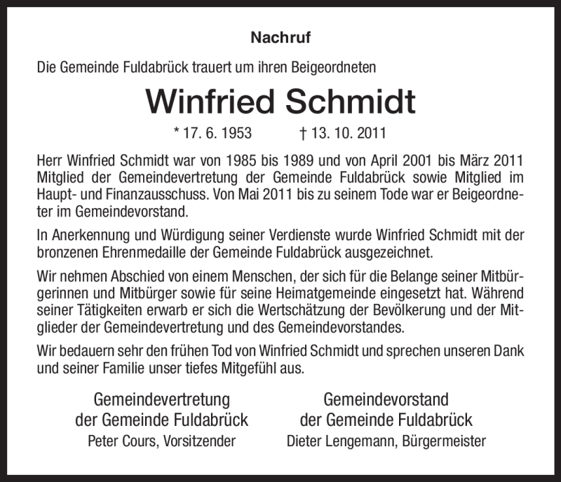  Traueranzeige für Winfried Schmidt vom 22.10.2011 aus HNA