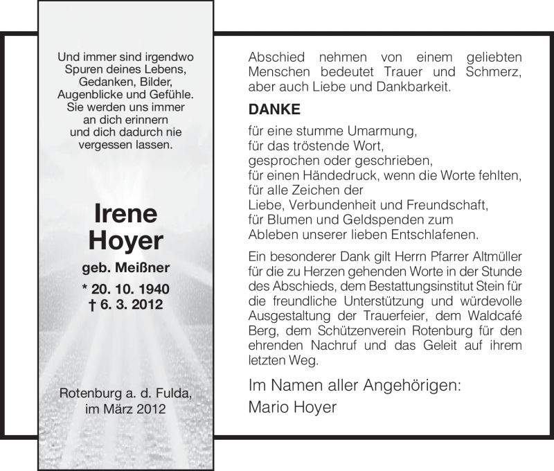  Traueranzeige für Irene Hoyer vom 31.03.2012 aus HNA