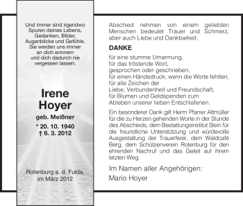 Traueranzeige von Irene Hoyer von HNA