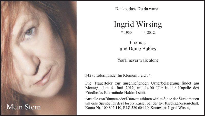  Traueranzeige für Ingrid Wirsing vom 02.06.2012 aus HNA