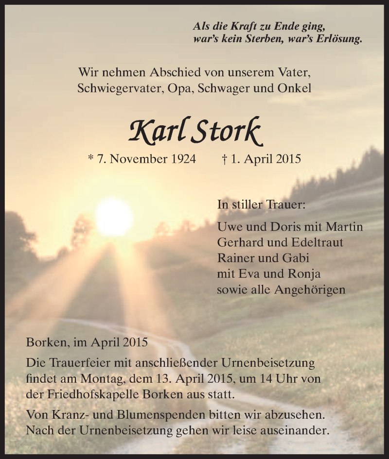  Traueranzeige für Karl Stork vom 10.04.2015 aus HNA
