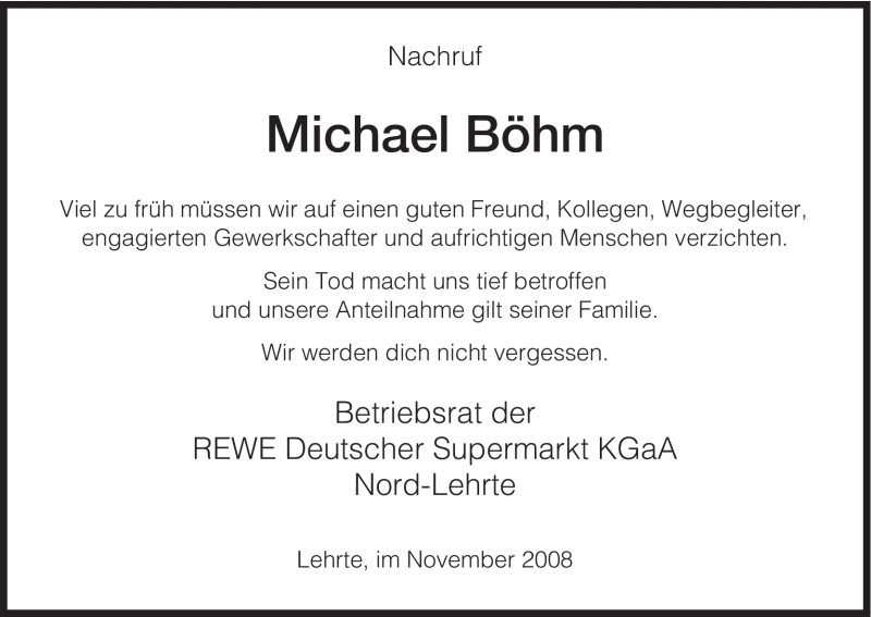  Traueranzeige für Michael Böhm vom 08.11.2008 aus HNA