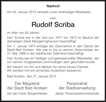 Traueranzeige von Rudolf Scriba von HNA