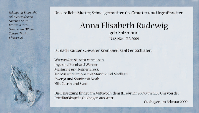  Traueranzeige für Anna Elisabeth Rudewig vom 09.02.2009 aus HNA