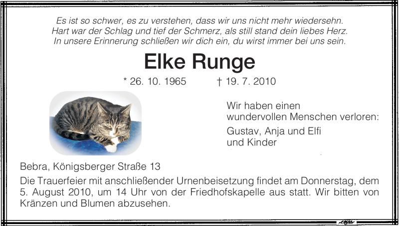  Traueranzeige für Elke Runge vom 02.08.2010 aus HNA