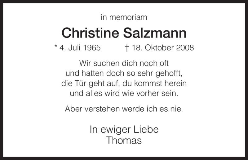 Traueranzeige für Christine Salzmann vom 18.10.2010 aus HNA