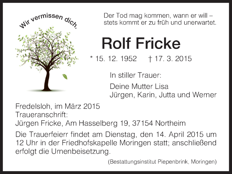  Traueranzeige für Rolf Fricke vom 08.04.2015 aus HNA